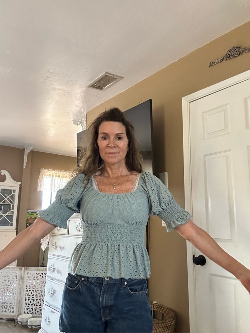 URBAN Romantics Sage Green Smocked Eyelet Peplum Top